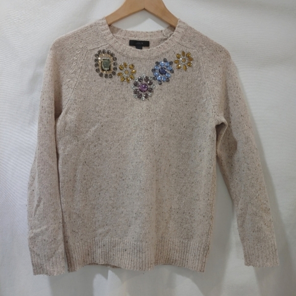 J. Crew Jeweled Neck Sweater Natural Wool Blend Oatmeal Cream XS Crew pullover - Picture 2 of 8